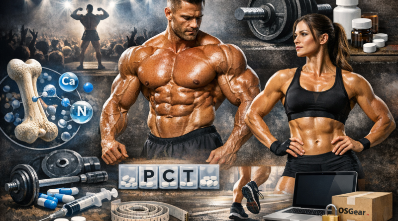 Muscular male and female bodybuilders in a gym setting with weights, supplements, and PCT elements, illustrating cutting-cycle conditioning, strength, and physique definition associated with Buy Ultima-Stan 25.